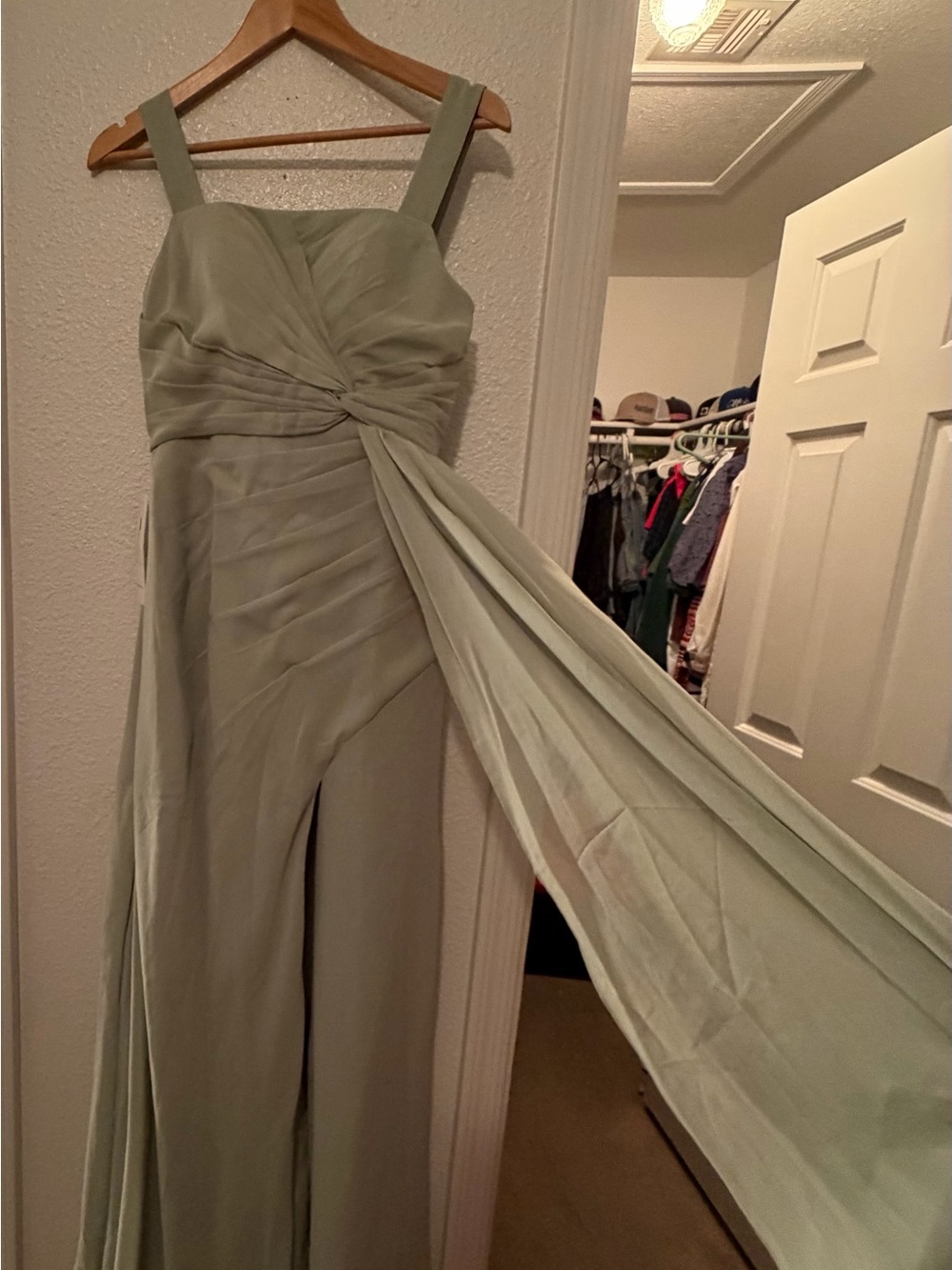 Olive Green Ruched Chiffon Maxi Dress with Side Slit - Picture 3 of 4